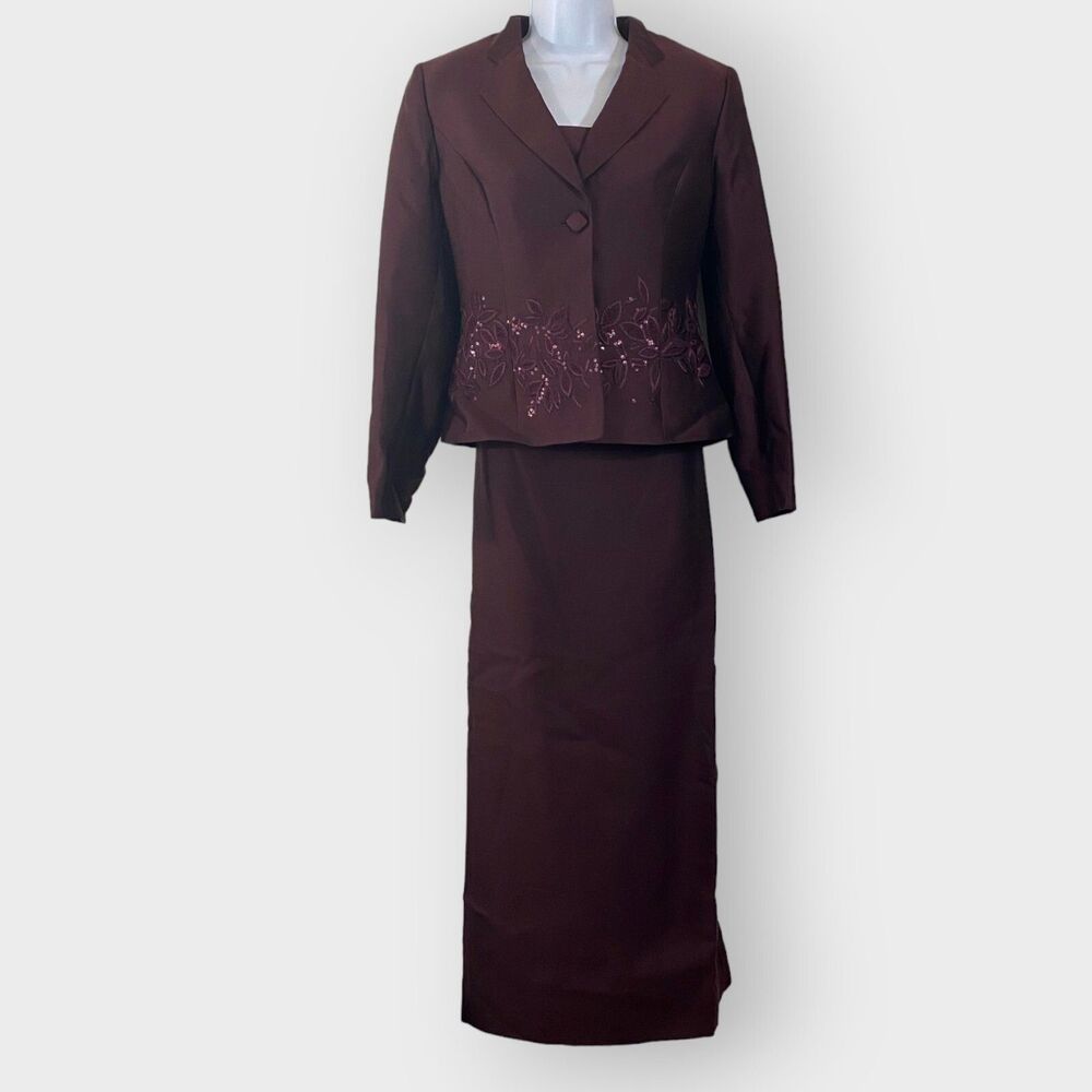 Vtg Albert Nipon Skirt Suit Set | Maroon Wool Silk | Embellished Holidays Xmas